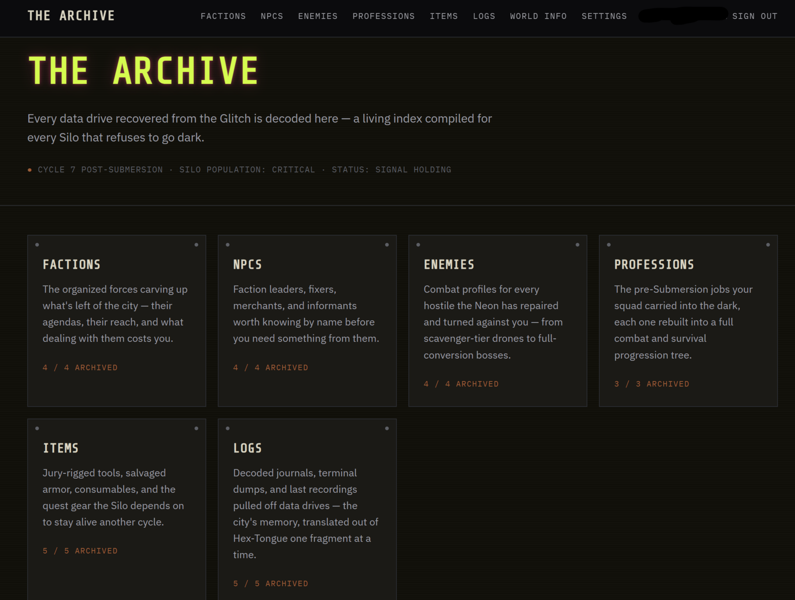 The Archive hub page, showing category cards for Factions, NPCs, Enemies, Professions, Items, and Logs with entry counts